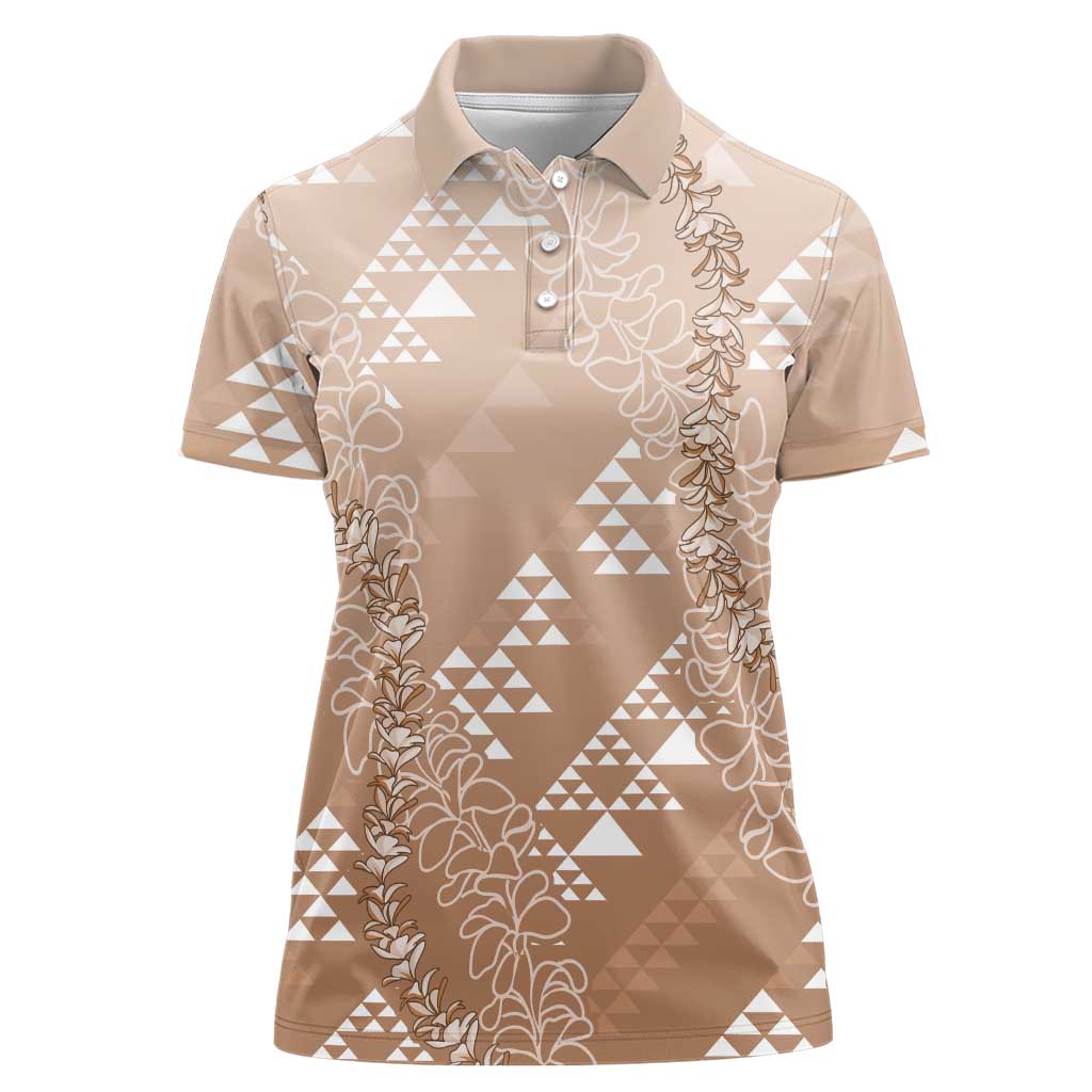 Hawaii Beige Kapa Women Polo Shirt Vintage 'Ohe Kāpala Motifs Mix Plumeria Leis LT7 Female Beige - Polynesian Pride