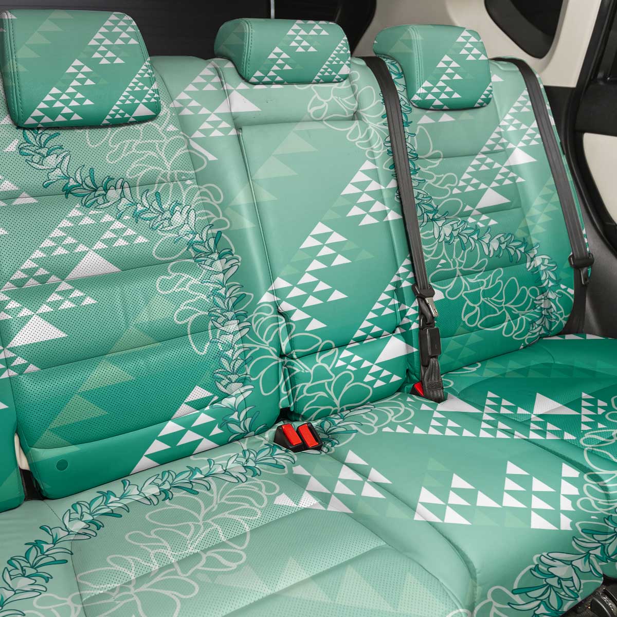 Hawaii Jade Green Kapa Back Car Seat Cover Vintage 'Ohe Kāpala Motifs Mix Plumeria Leis