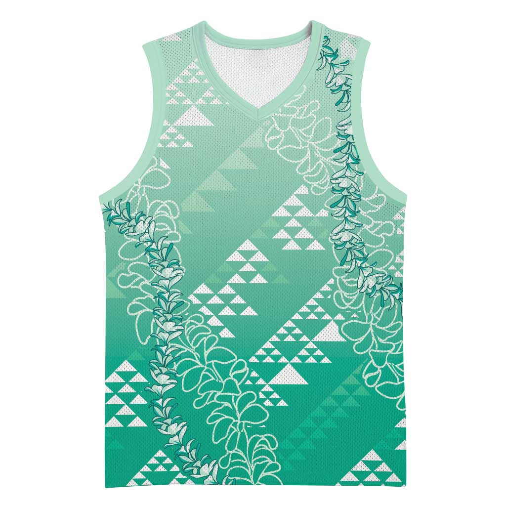 Hawaii Jade Green Kapa Basketball Jersey Vintage 'Ohe Kāpala Motifs Mix Plumeria Leis