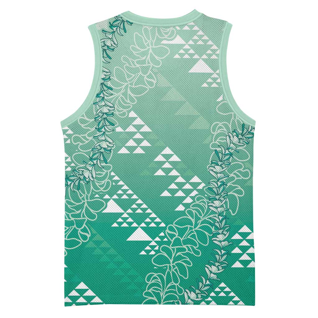 Hawaii Jade Green Kapa Basketball Jersey Vintage 'Ohe Kāpala Motifs Mix Plumeria Leis