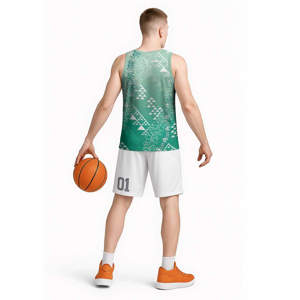 Hawaii Jade Green Kapa Basketball Jersey Vintage 'Ohe Kāpala Motifs Mix Plumeria Leis