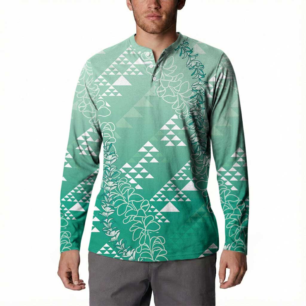 Hawaii Jade Green Kapa Button Sweatshirt Vintage 'Ohe Kāpala Motifs Mix Plumeria Leis LT7 - Polynesian Pride