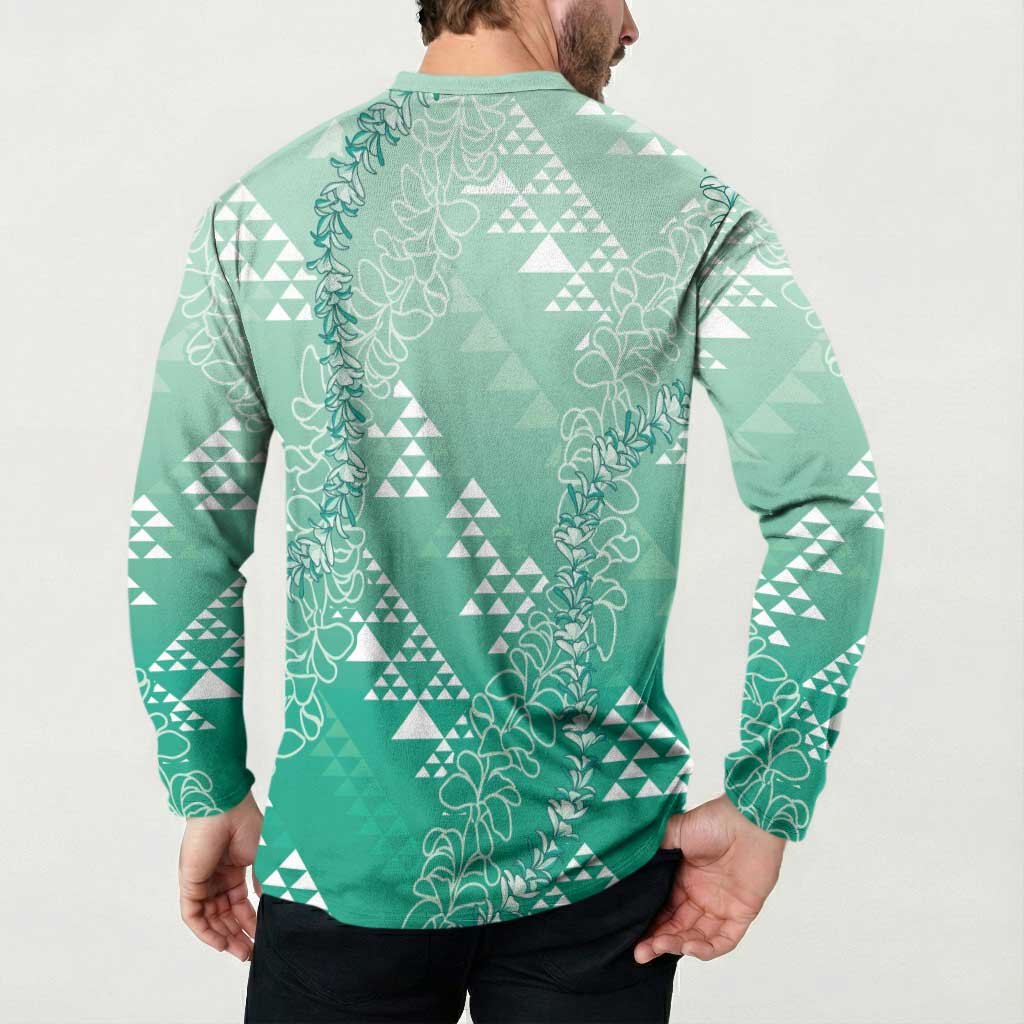 Hawaii Jade Green Kapa Button Sweatshirt Vintage 'Ohe Kāpala Motifs Mix Plumeria Leis LT7 - Polynesian Pride