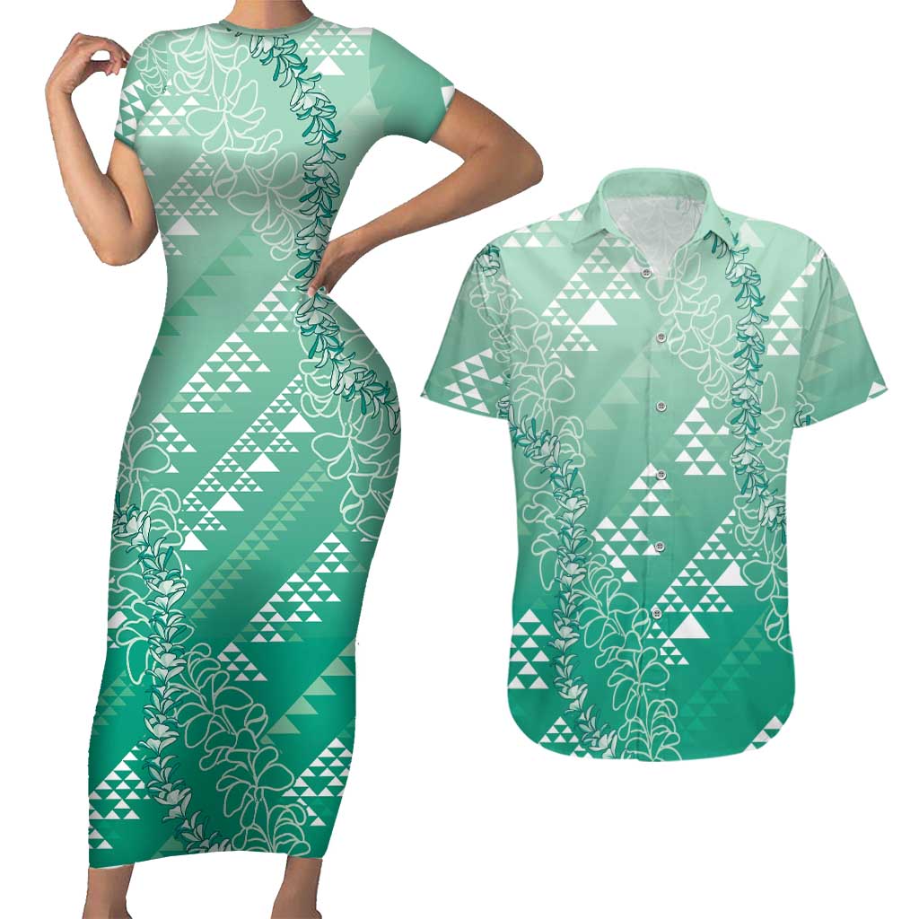 Hawaii Jade Green Kapa Couples Matching Short Sleeve Bodycon Dress and Hawaiian Shirt Vintage 'Ohe Kāpala Motifs Mix Plumeria Leis