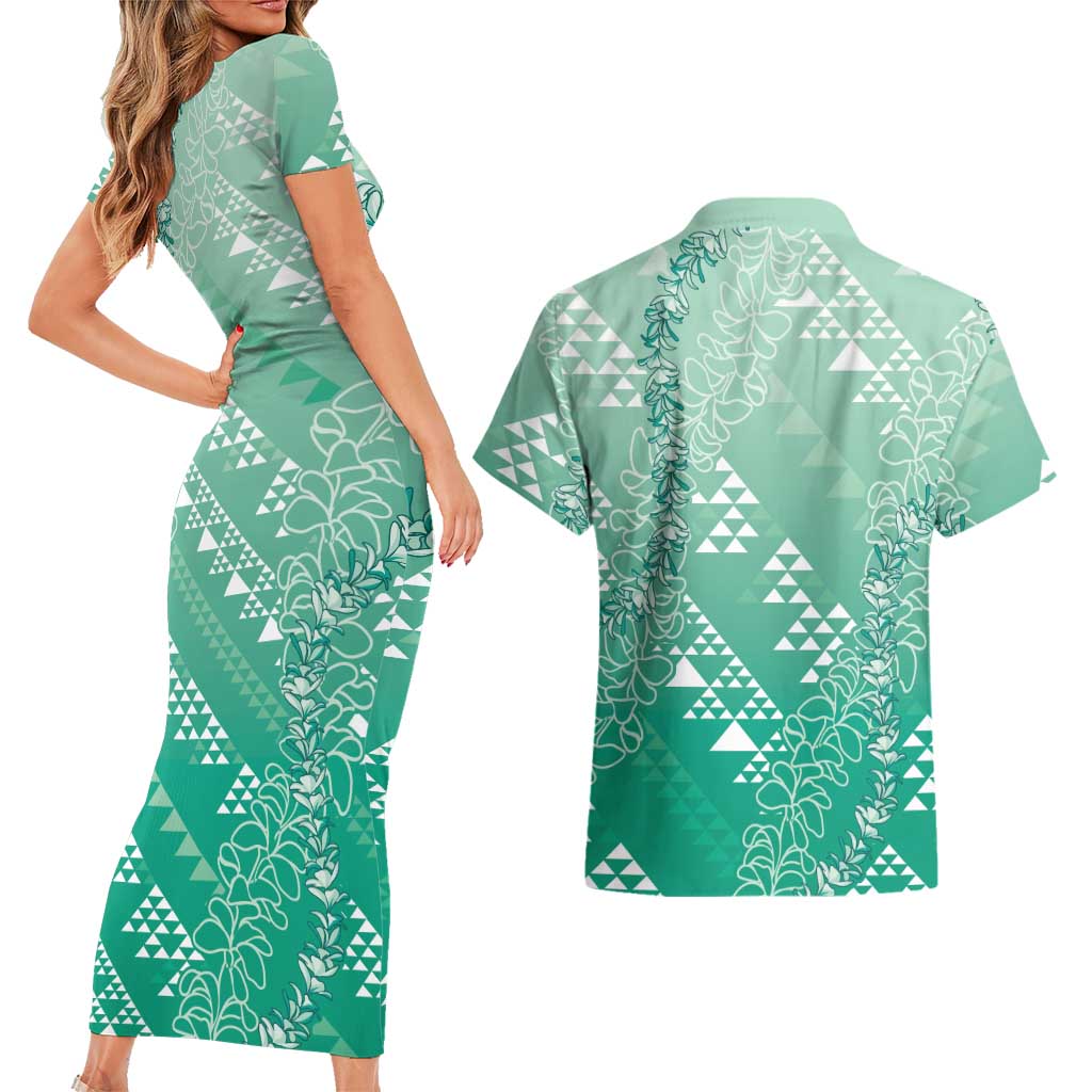 Hawaii Jade Green Kapa Couples Matching Short Sleeve Bodycon Dress and Hawaiian Shirt Vintage 'Ohe Kāpala Motifs Mix Plumeria Leis