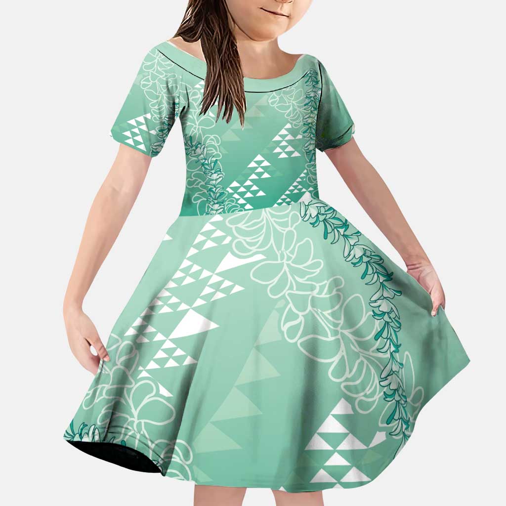 Hawaii Jade Green Kapa Family Matching Mermaid Dress and Hawaiian Shirt Vintage 'Ohe Kāpala Motifs Mix Plumeria Leis LT7 Daughter's Dress Jade Green - Polynesian Pride