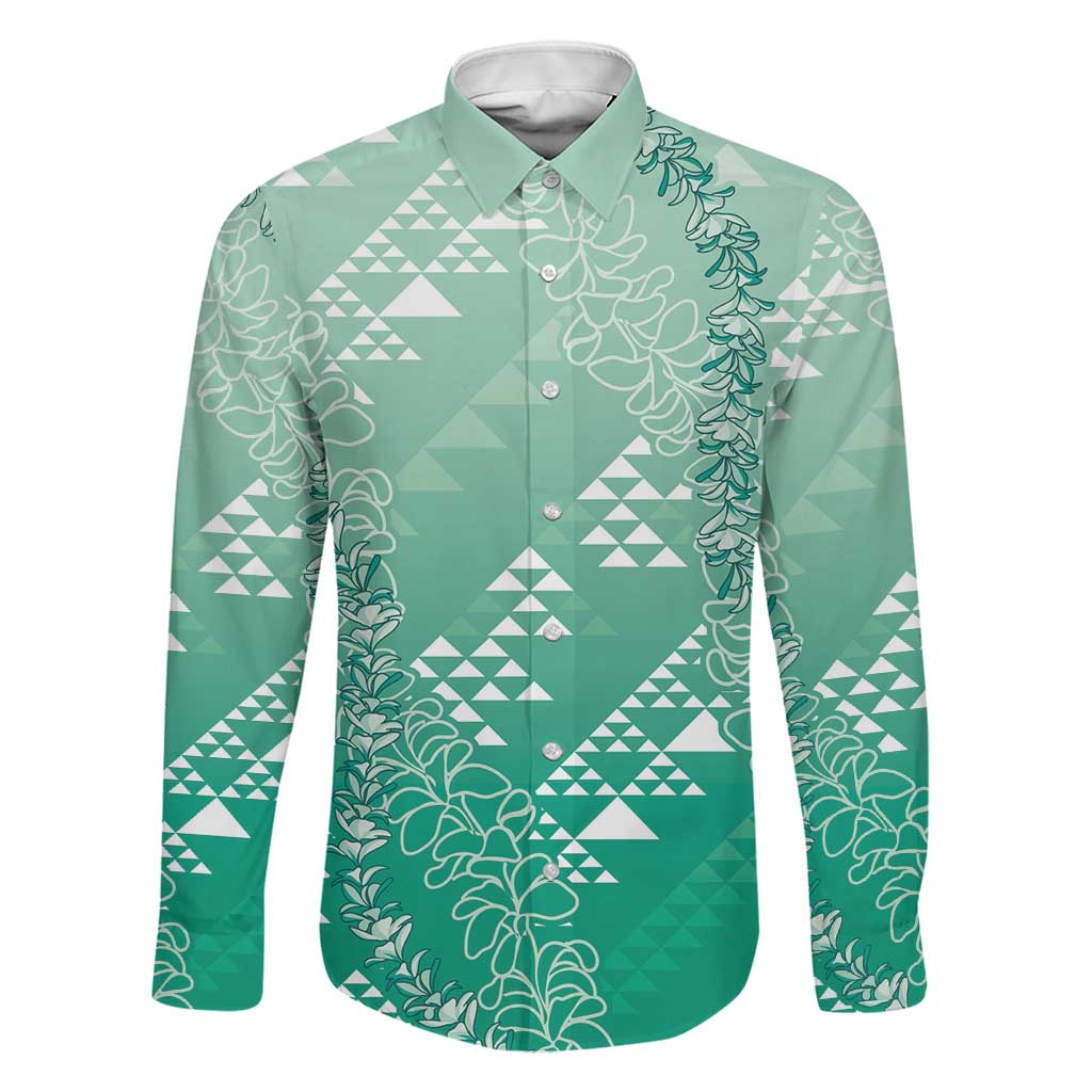 Hawaii Jade Green Kapa Family Matching Puletasi and Hawaiian Shirt Vintage 'Ohe Kāpala Motifs Mix Plumeria Leis LT7 Dad's Shirt - Long Sleeve Jade Green - Polynesian Pride