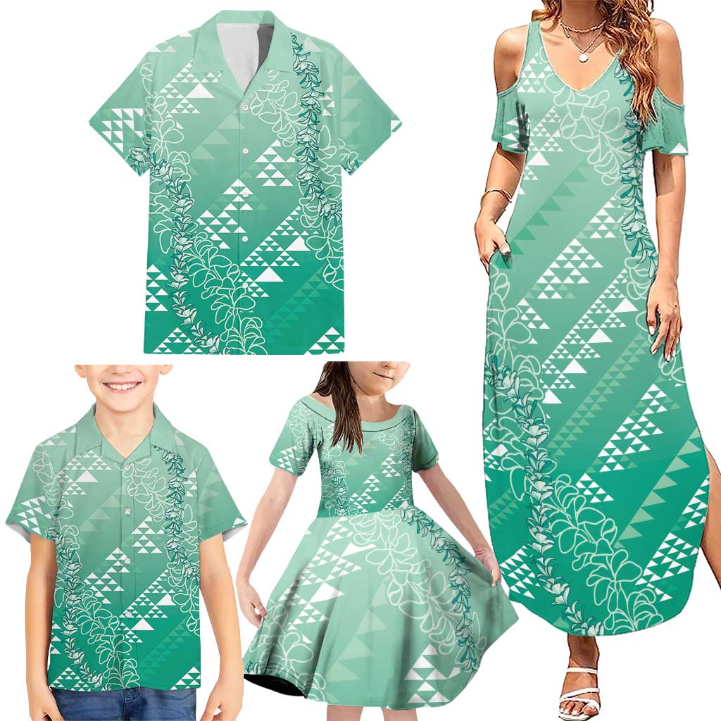 Hawaii Jade Green Kapa Family Matching Summer Maxi Dress and Hawaiian Shirt Vintage 'Ohe Kāpala Motifs Mix Plumeria Leis LT7 - Polynesian Pride