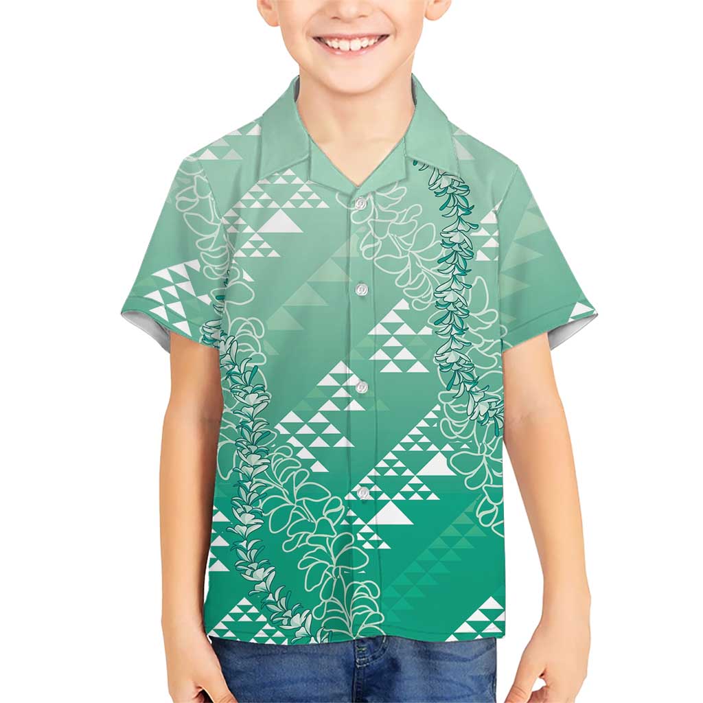 Hawaii Jade Green Kapa Kid Hawaiian Shirt Vintage 'Ohe Kāpala Motifs Mix Plumeria Leis