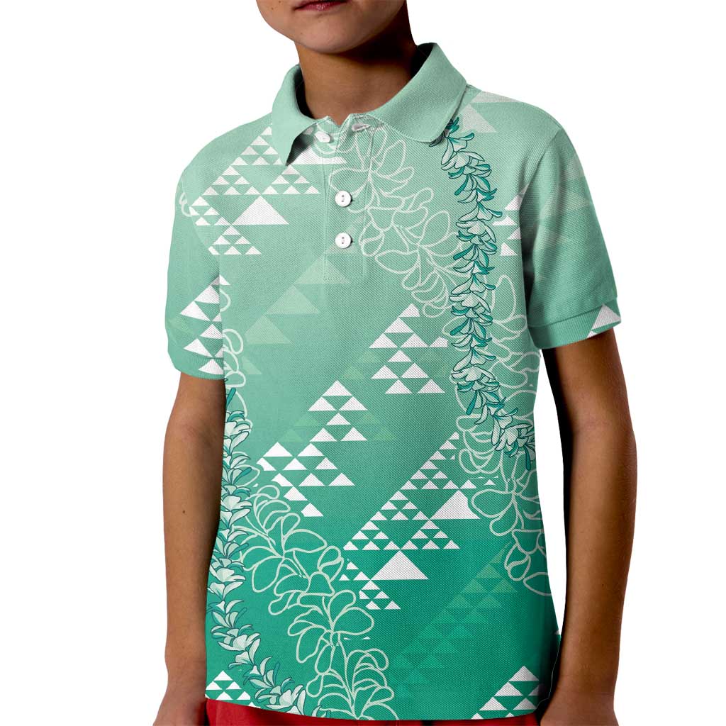 Hawaii Jade Green Kapa Kid Polo Shirt Vintage 'Ohe Kāpala Motifs Mix Plumeria Leis