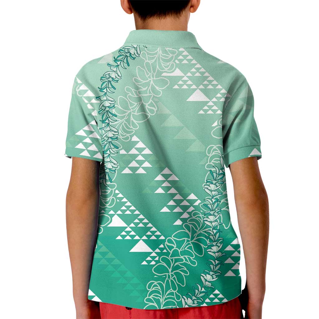 Hawaii Jade Green Kapa Kid Polo Shirt Vintage 'Ohe Kāpala Motifs Mix Plumeria Leis