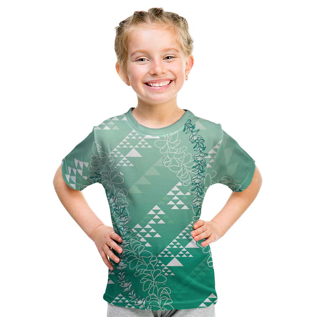 Hawaii Jade Green Kapa Kid T Shirt Vintage 'Ohe Kāpala Motifs Mix Plumeria Leis