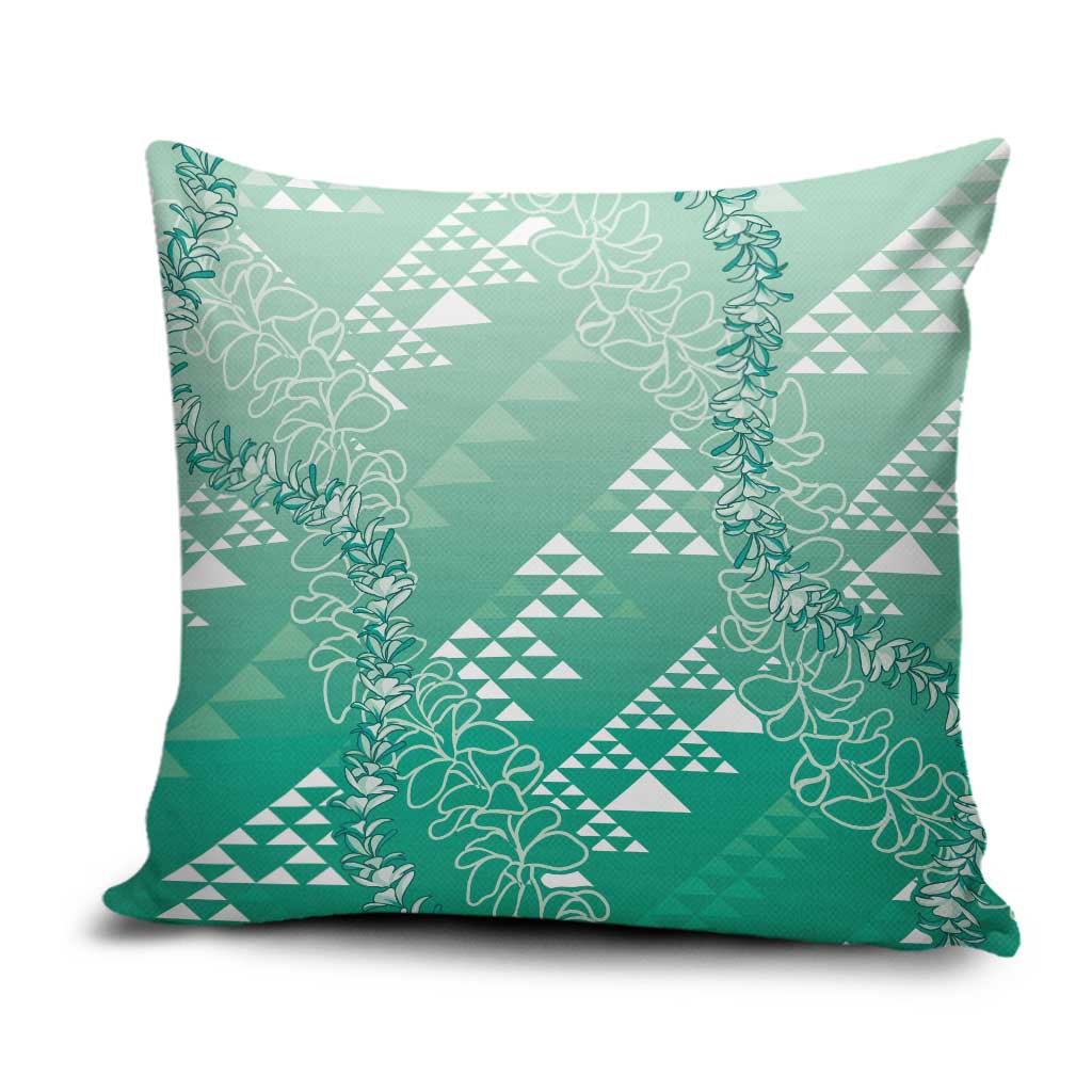 Hawaii Jade Green Kapa Pillow Cover Vintage 'Ohe Kāpala Motifs Mix Plumeria Leis