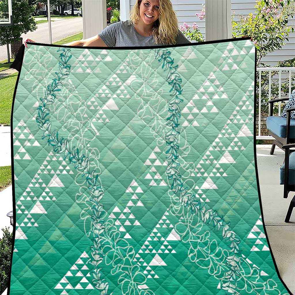 Hawaii Jade Green Kapa Quilt Vintage 'Ohe Kāpala Motifs Mix Plumeria Leis