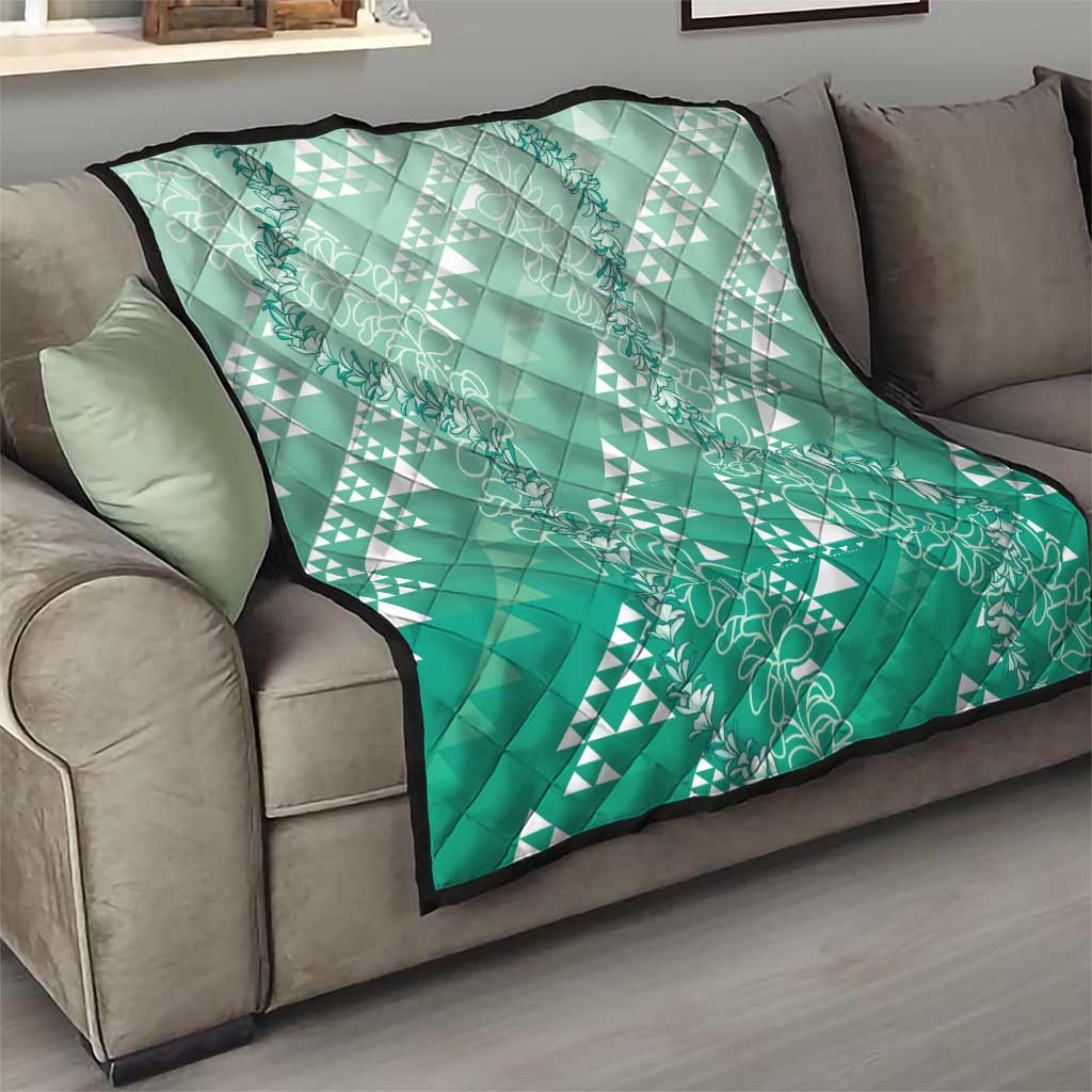 Hawaii Jade Green Kapa Quilt Vintage 'Ohe Kāpala Motifs Mix Plumeria Leis