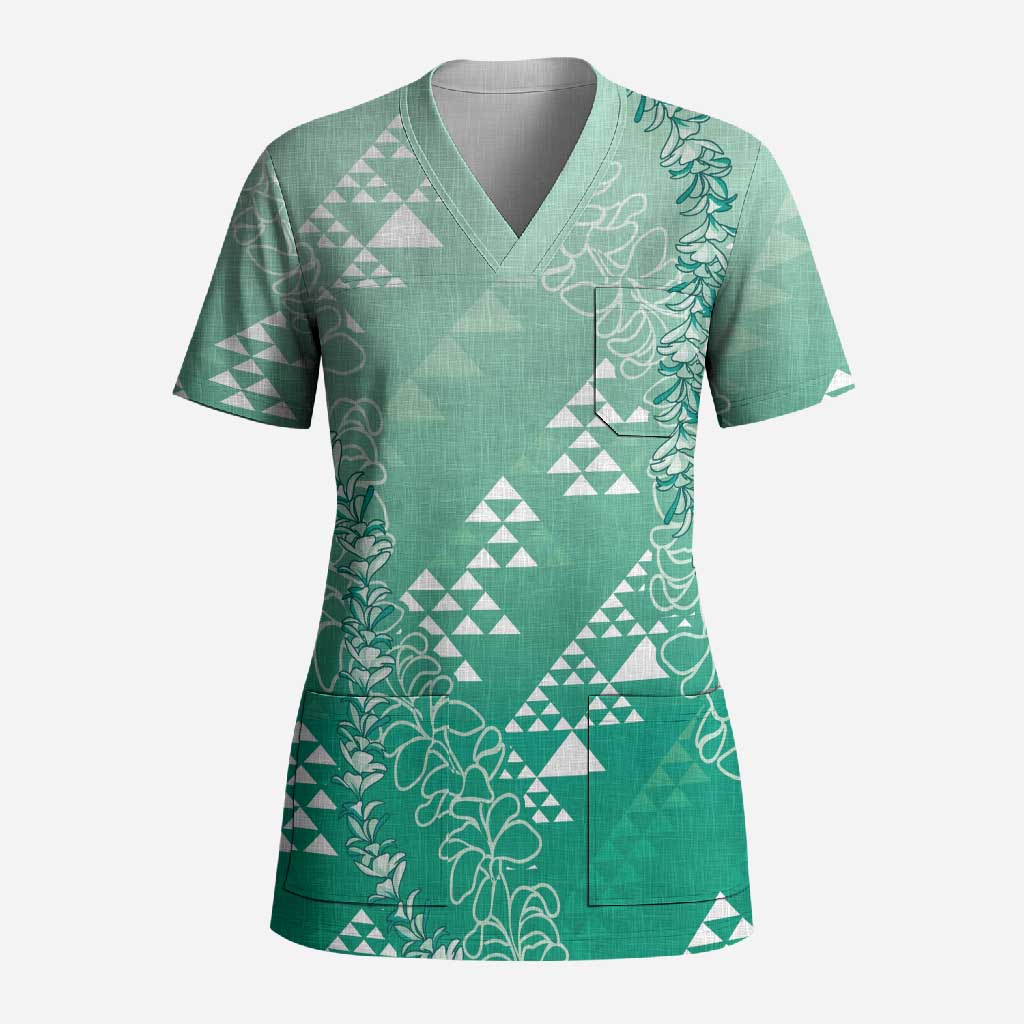 Hawaii Jade Green Kapa Scrub Top Vintage 'Ohe Kāpala Motifs Mix Plumeria Leis LT7 Adult Jade Green - Polynesian Pride