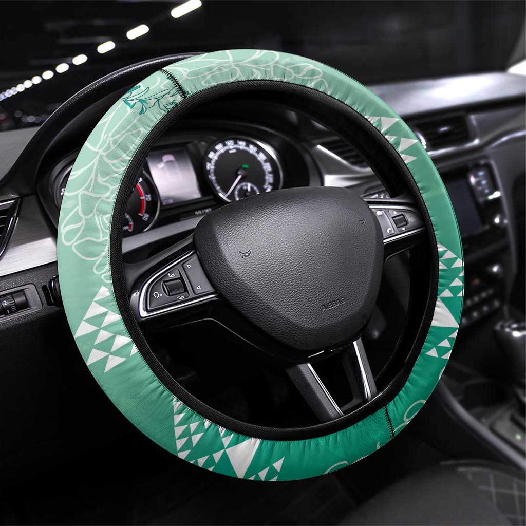 Hawaii Jade Green Kapa Steering Wheel Cover Vintage 'Ohe Kāpala Motifs Mix Plumeria Leis