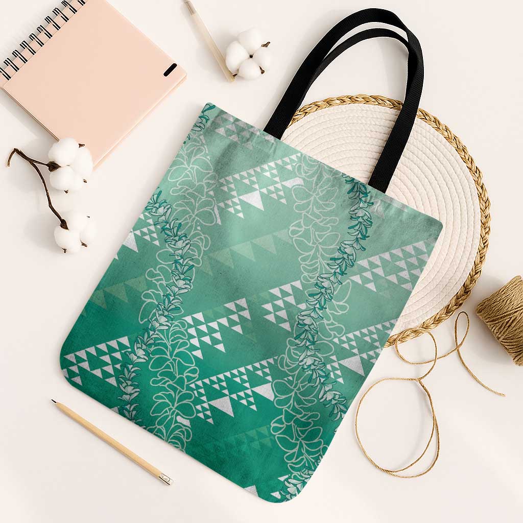 Hawaii Jade Green Kapa Tote Bag Vintage 'Ohe Kāpala Motifs Mix Plumeria Leis