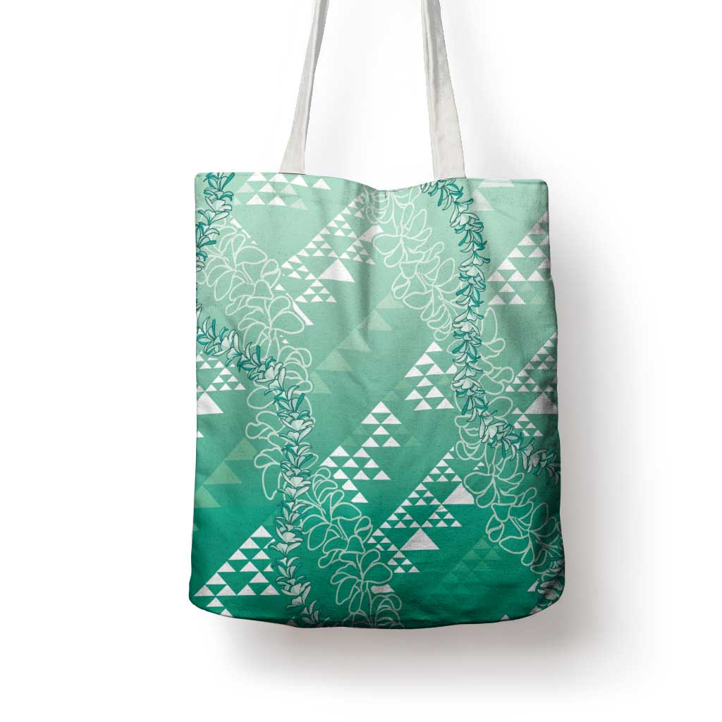 Hawaii Jade Green Kapa Tote Bag Vintage 'Ohe Kāpala Motifs Mix Plumeria Leis
