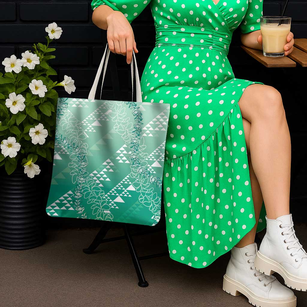Hawaii Jade Green Kapa Tote Bag Vintage 'Ohe Kāpala Motifs Mix Plumeria Leis