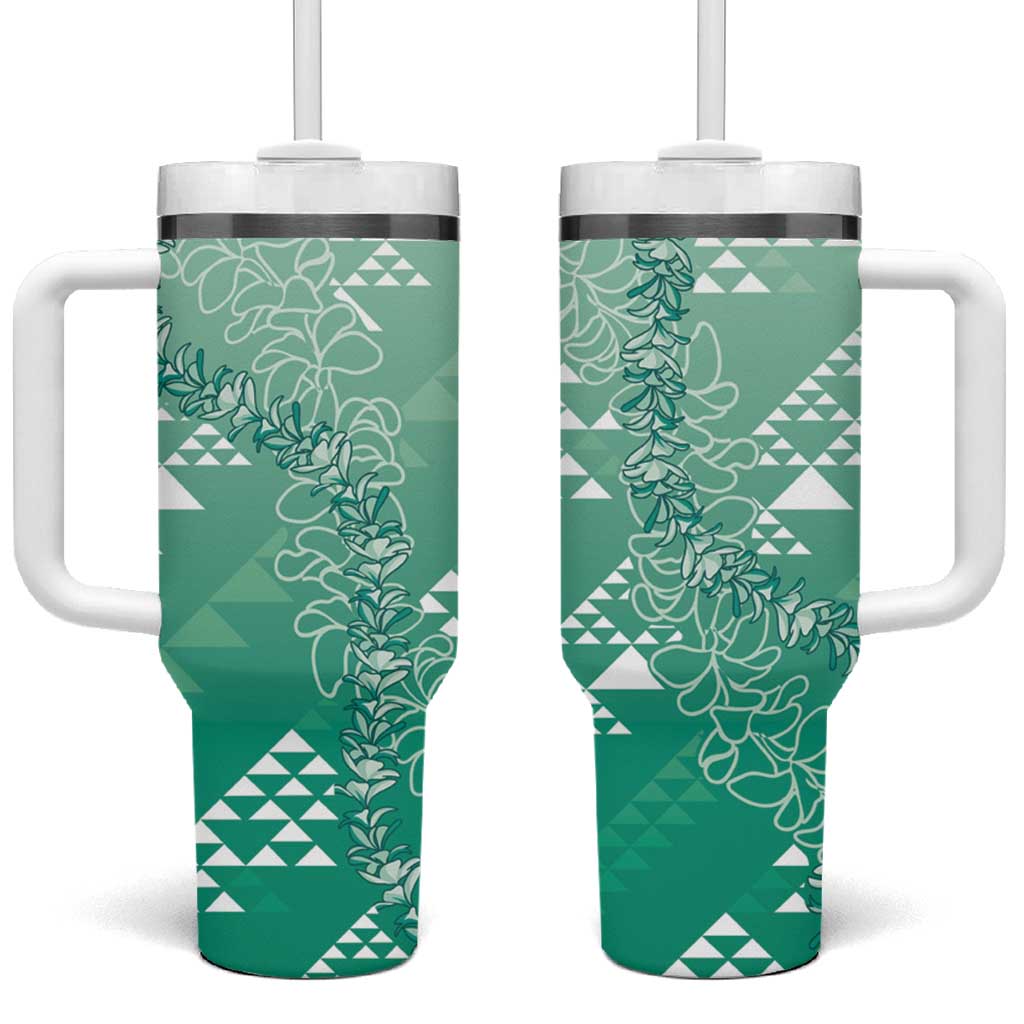 Hawaii Jade Green Kapa Tumbler With Handle Vintage 'Ohe Kāpala Motifs Mix Plumeria Leis LT7 One Size: 40 oz Jade Green - Polynesian Pride