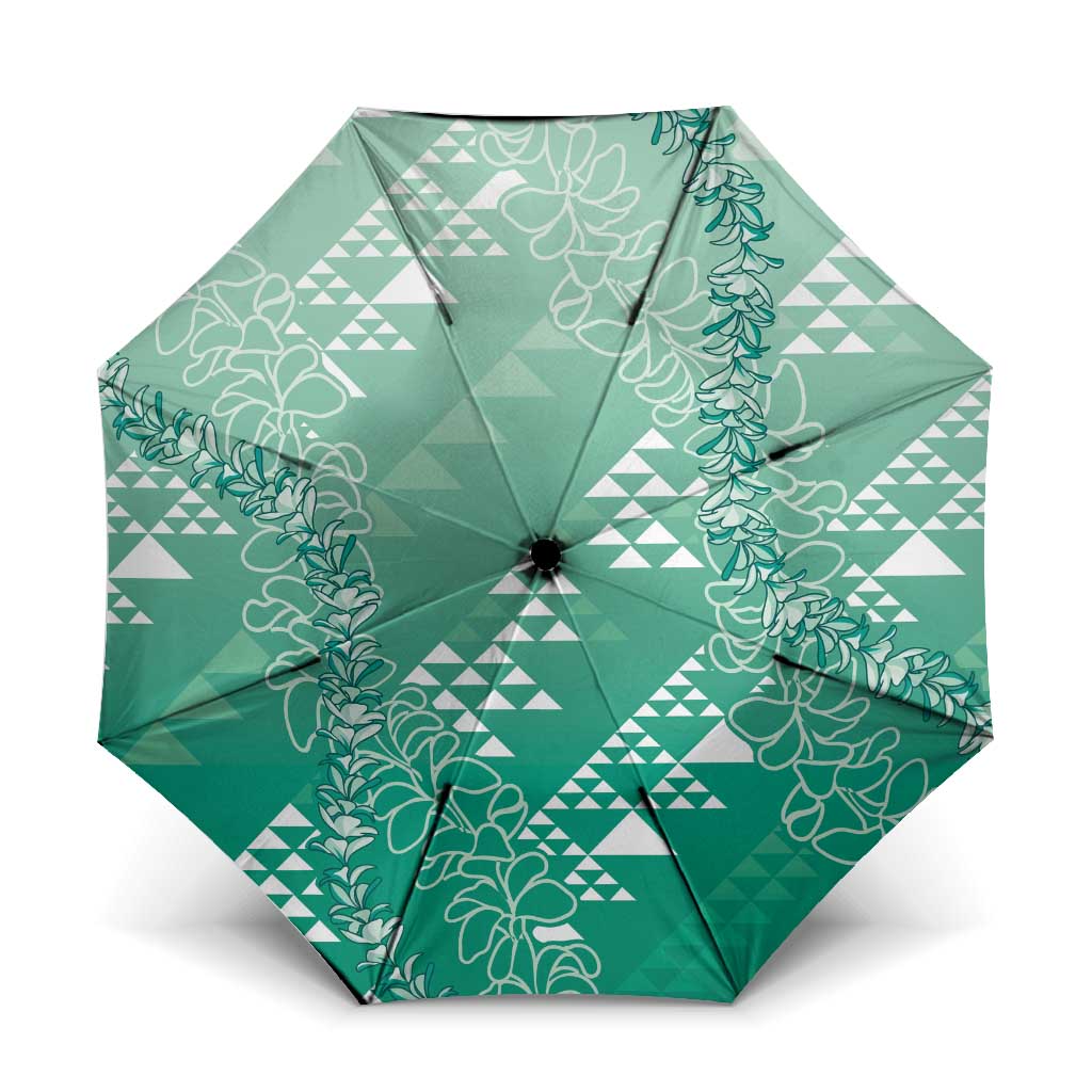 Hawaii Jade Green Kapa Umbrella Vintage 'Ohe Kāpala Motifs Mix Plumeria Leis