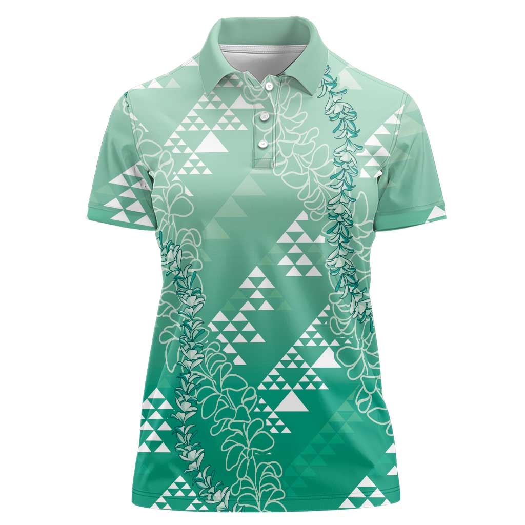 Hawaii Jade Green Kapa Women Polo Shirt Vintage 'Ohe Kāpala Motifs Mix Plumeria Leis