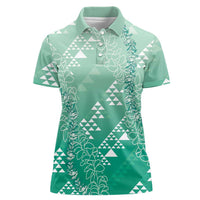 Hawaii Jade Green Kapa Women Polo Shirt Vintage 'Ohe Kāpala Motifs Mix Plumeria Leis