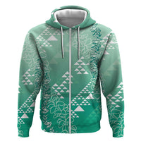 Hawaii Jade Green Kapa Zip Hoodie Vintage 'Ohe Kāpala Motifs Mix Plumeria Leis