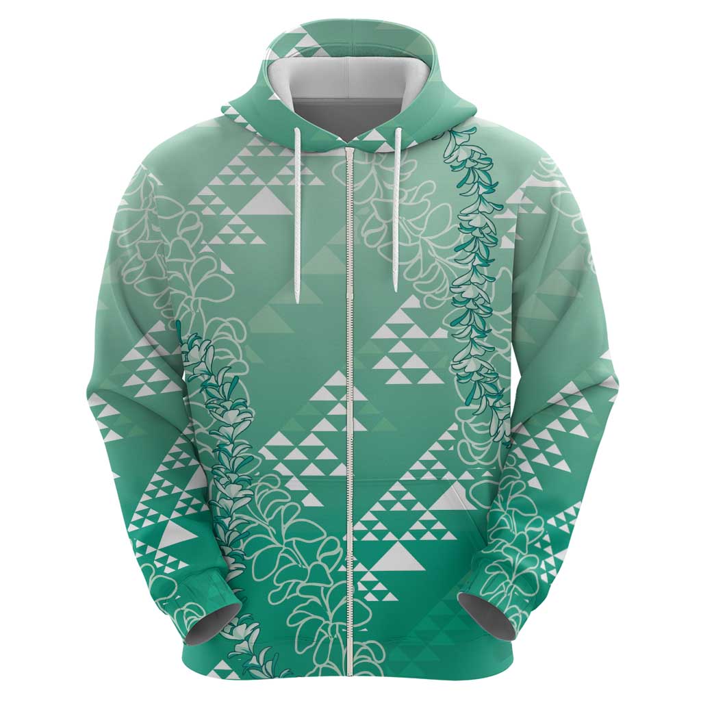 Hawaii Jade Green Kapa Zip Hoodie Vintage 'Ohe Kāpala Motifs Mix Plumeria Leis