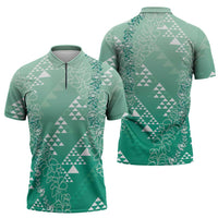 Hawaii Jade Green Kapa Zipper Polo Shirt Vintage 'Ohe Kāpala Motifs Mix Plumeria Leis