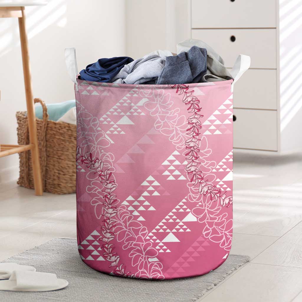 Hawaii Rose Pink Kapa Laundry Basket Vintage 'Ohe Kāpala Motifs Mix Plumeria Leis