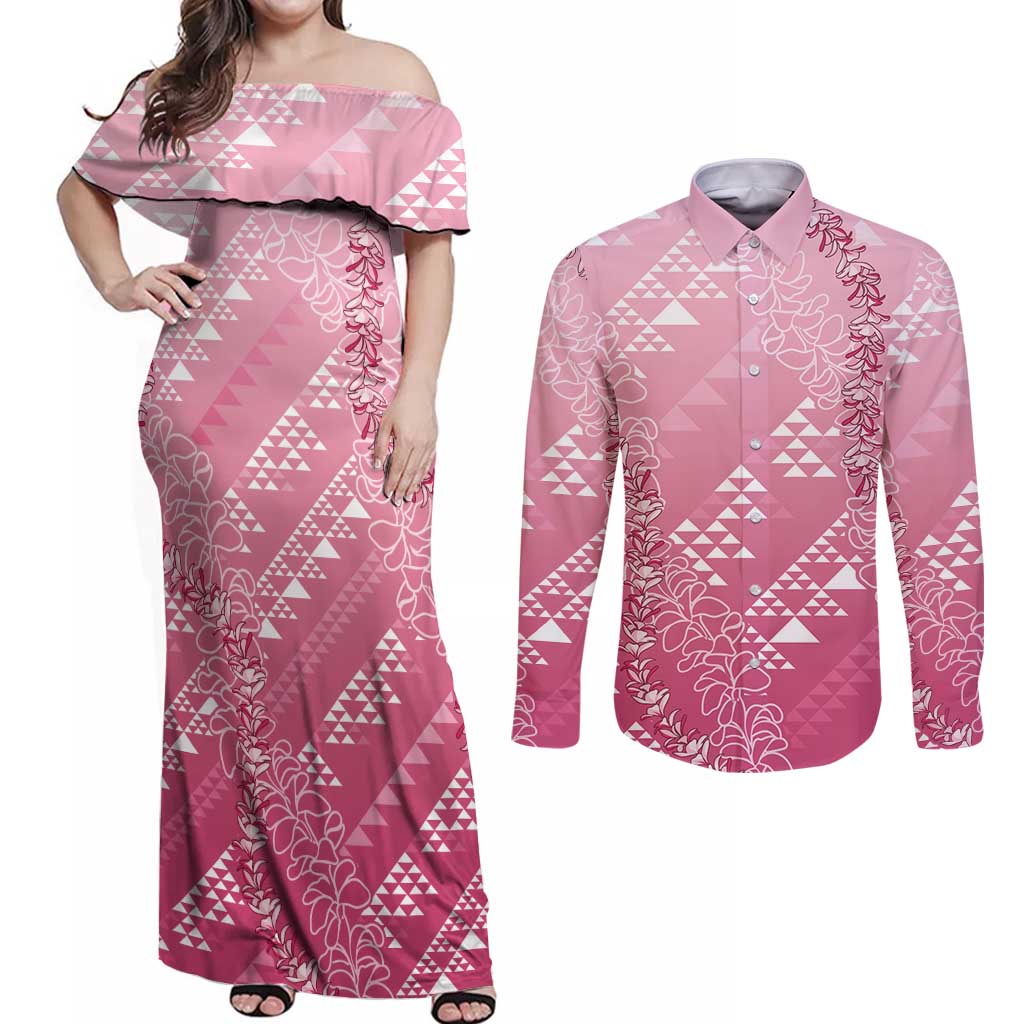 Hawaii Rose Pink Kapa Couples Matching Off Shoulder Maxi Dress and Long Sleeve Button Shirt Vintage 'Ohe Kāpala Motifs Mix Plumeria Leis