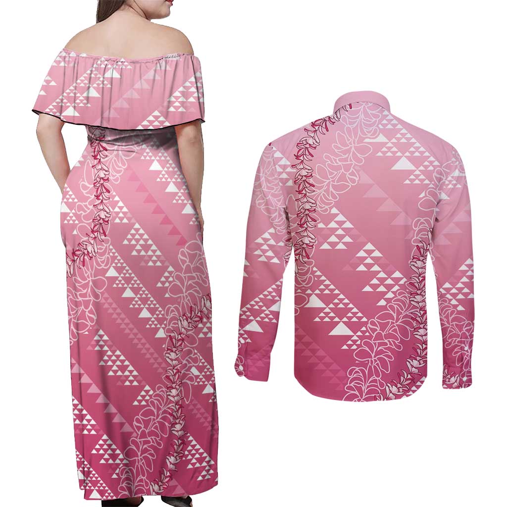 Hawaii Rose Pink Kapa Couples Matching Off Shoulder Maxi Dress and Long Sleeve Button Shirt Vintage 'Ohe Kāpala Motifs Mix Plumeria Leis