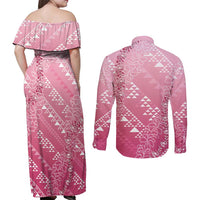 Hawaii Rose Pink Kapa Couples Matching Off Shoulder Maxi Dress and Long Sleeve Button Shirt Vintage 'Ohe Kāpala Motifs Mix Plumeria Leis
