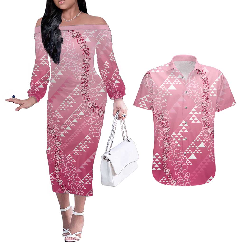 Hawaii Rose Pink Kapa Couples Matching Off The Shoulder Long Sleeve Dress and Hawaiian Shirt Vintage 'Ohe Kāpala Motifs Mix Plumeria Leis