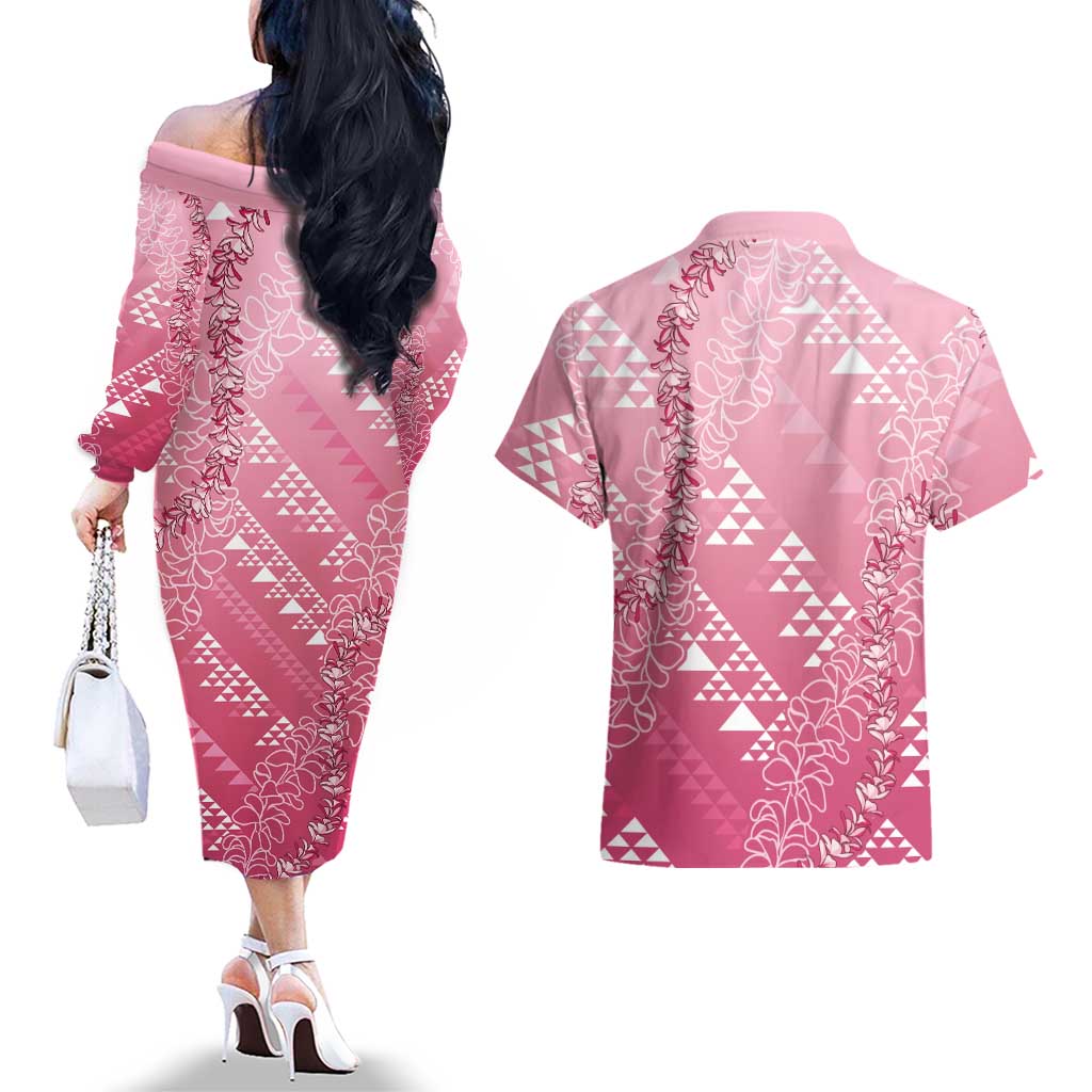 Hawaii Rose Pink Kapa Couples Matching Off The Shoulder Long Sleeve Dress and Hawaiian Shirt Vintage 'Ohe Kāpala Motifs Mix Plumeria Leis