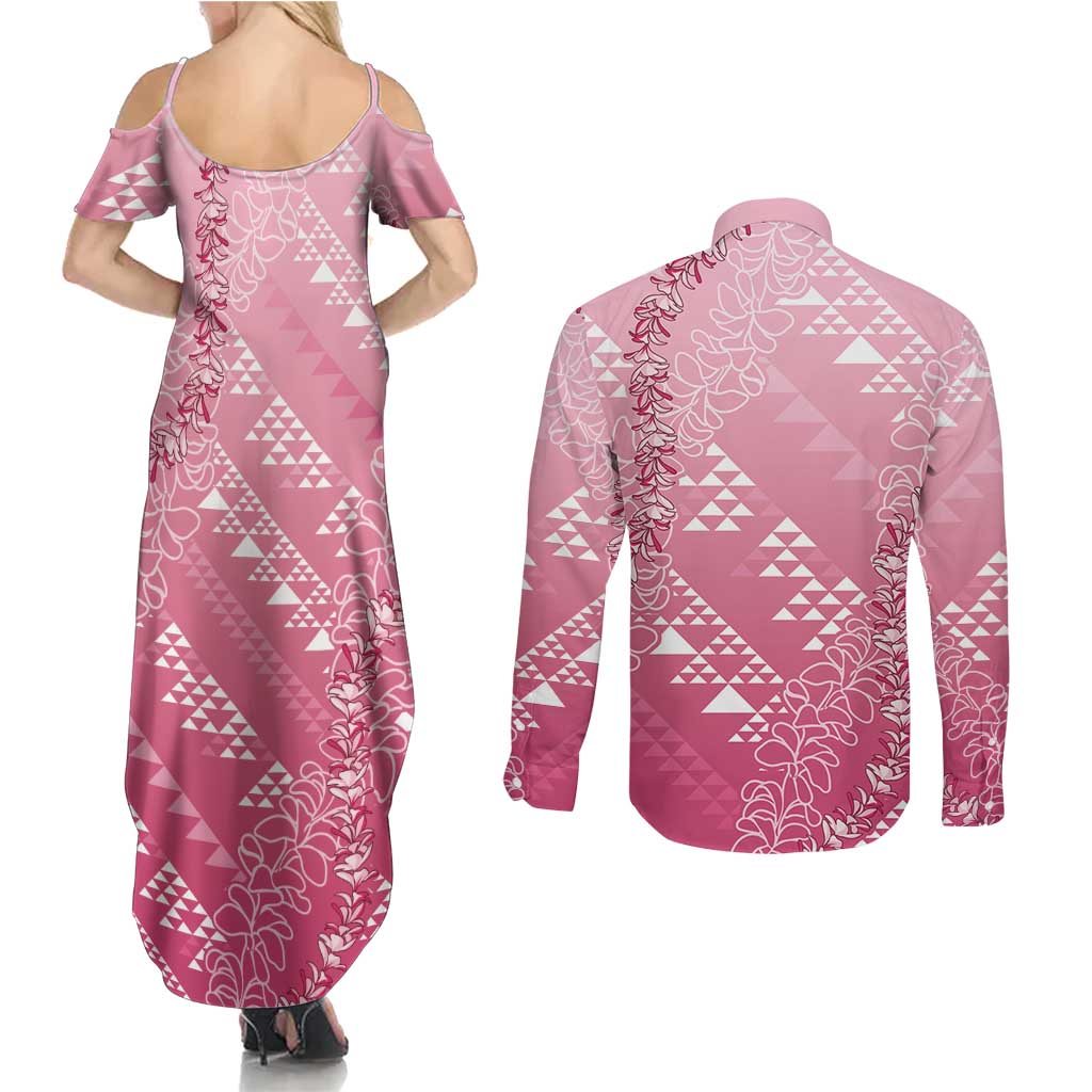 Hawaii Rose Pink Kapa Couples Matching Summer Maxi Dress and Long Sleeve Button Shirt Vintage 'Ohe Kāpala Motifs Mix Plumeria Leis