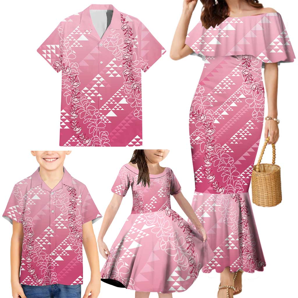 Hawaii Rose Pink Kapa Family Matching Mermaid Dress and Hawaiian Shirt Vintage 'Ohe Kāpala Motifs Mix Plumeria Leis