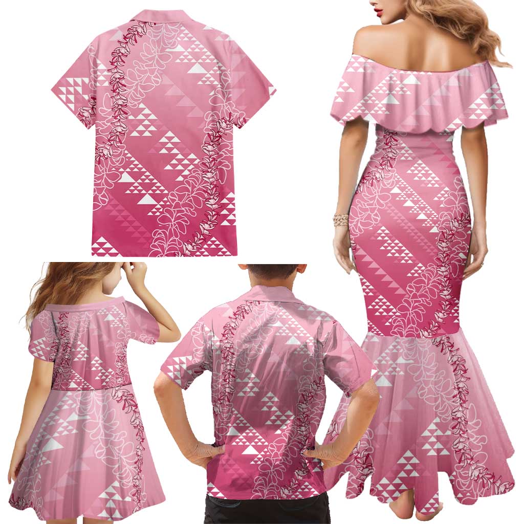 Hawaii Rose Pink Kapa Family Matching Mermaid Dress and Hawaiian Shirt Vintage 'Ohe Kāpala Motifs Mix Plumeria Leis
