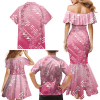 Hawaii Rose Pink Kapa Family Matching Mermaid Dress and Hawaiian Shirt Vintage 'Ohe Kāpala Motifs Mix Plumeria Leis