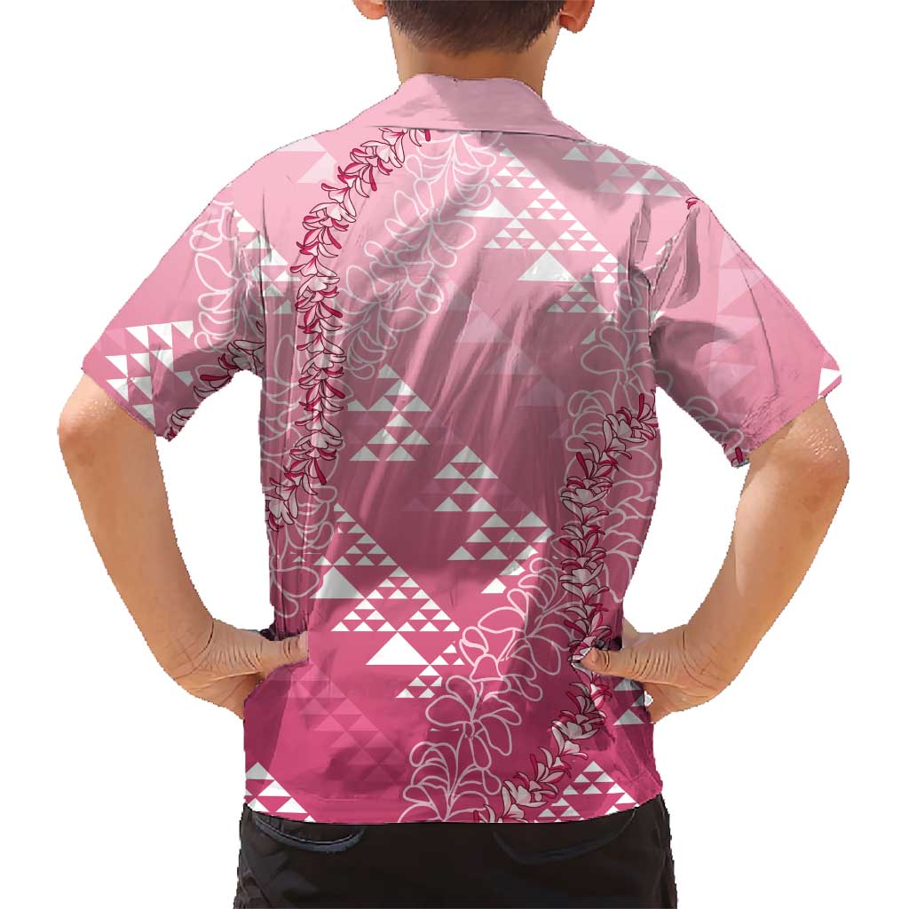 Hawaii Rose Pink Kapa Family Matching Off The Shoulder Long Sleeve Dress and Hawaiian Shirt Vintage 'Ohe Kāpala Motifs Mix Plumeria Leis