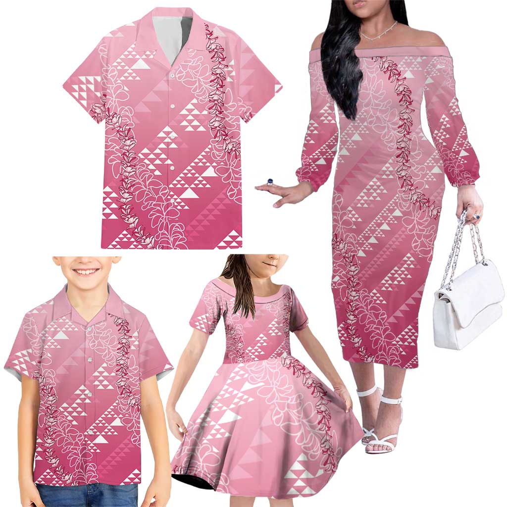 Hawaii Rose Pink Kapa Family Matching Off The Shoulder Long Sleeve Dress and Hawaiian Shirt Vintage 'Ohe Kāpala Motifs Mix Plumeria Leis