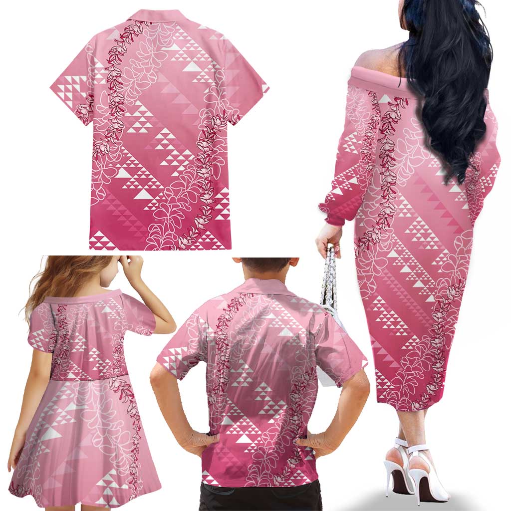 Hawaii Rose Pink Kapa Family Matching Off The Shoulder Long Sleeve Dress and Hawaiian Shirt Vintage 'Ohe Kāpala Motifs Mix Plumeria Leis