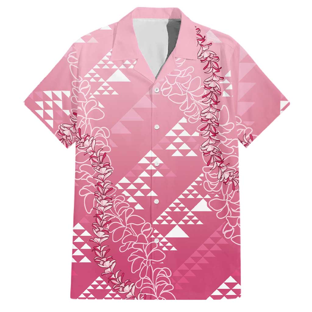 Hawaii Rose Pink Kapa Family Matching Off The Shoulder Long Sleeve Dress and Hawaiian Shirt Vintage 'Ohe Kāpala Motifs Mix Plumeria Leis