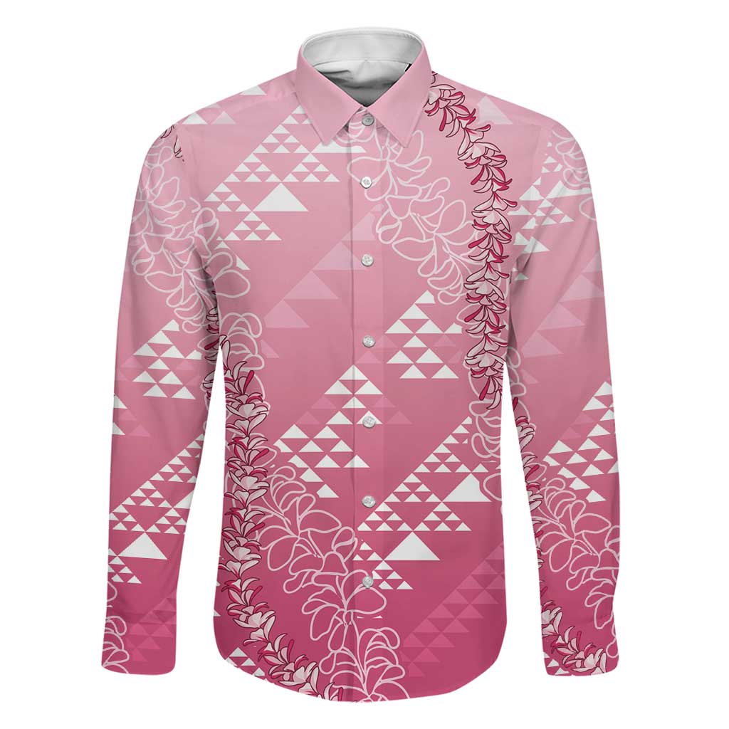 Hawaii Rose Pink Kapa Family Matching Off The Shoulder Long Sleeve Dress and Hawaiian Shirt Vintage 'Ohe Kāpala Motifs Mix Plumeria Leis