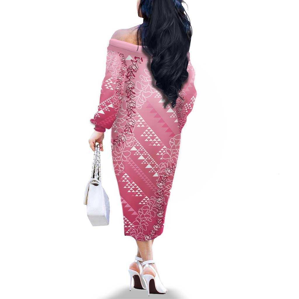 Hawaii Rose Pink Kapa Family Matching Off The Shoulder Long Sleeve Dress and Hawaiian Shirt Vintage 'Ohe Kāpala Motifs Mix Plumeria Leis
