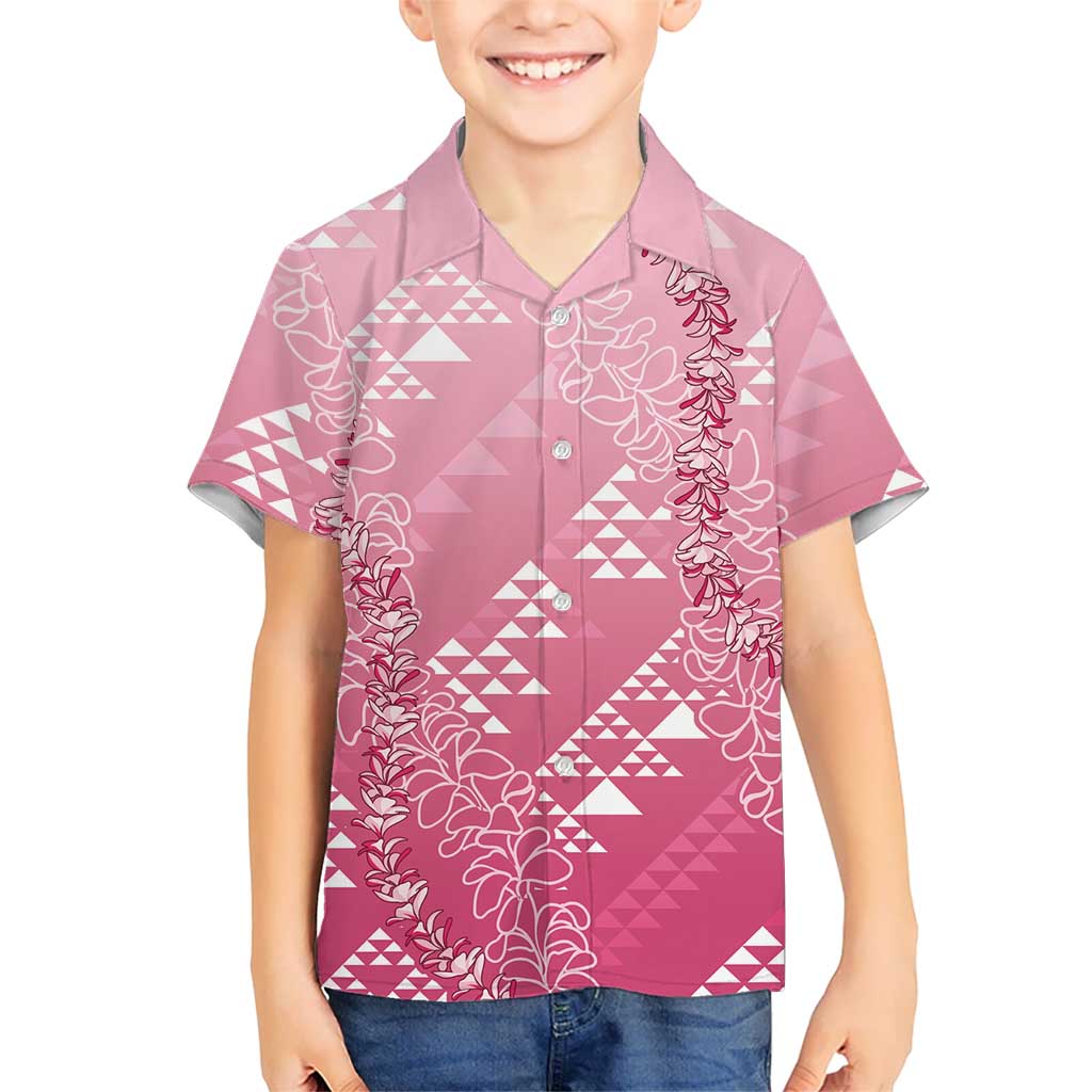 Hawaii Rose Pink Kapa Family Matching Off The Shoulder Long Sleeve Dress and Hawaiian Shirt Vintage 'Ohe Kāpala Motifs Mix Plumeria Leis