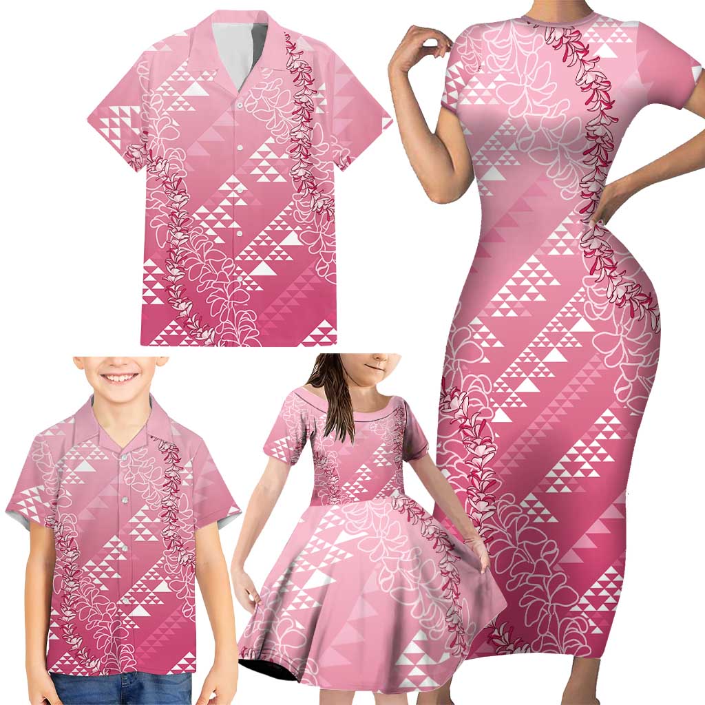 Hawaii Rose Pink Kapa Family Matching Short Sleeve Bodycon Dress and Hawaiian Shirt Vintage 'Ohe Kāpala Motifs Mix Plumeria Leis LT7 - Polynesian Pride
