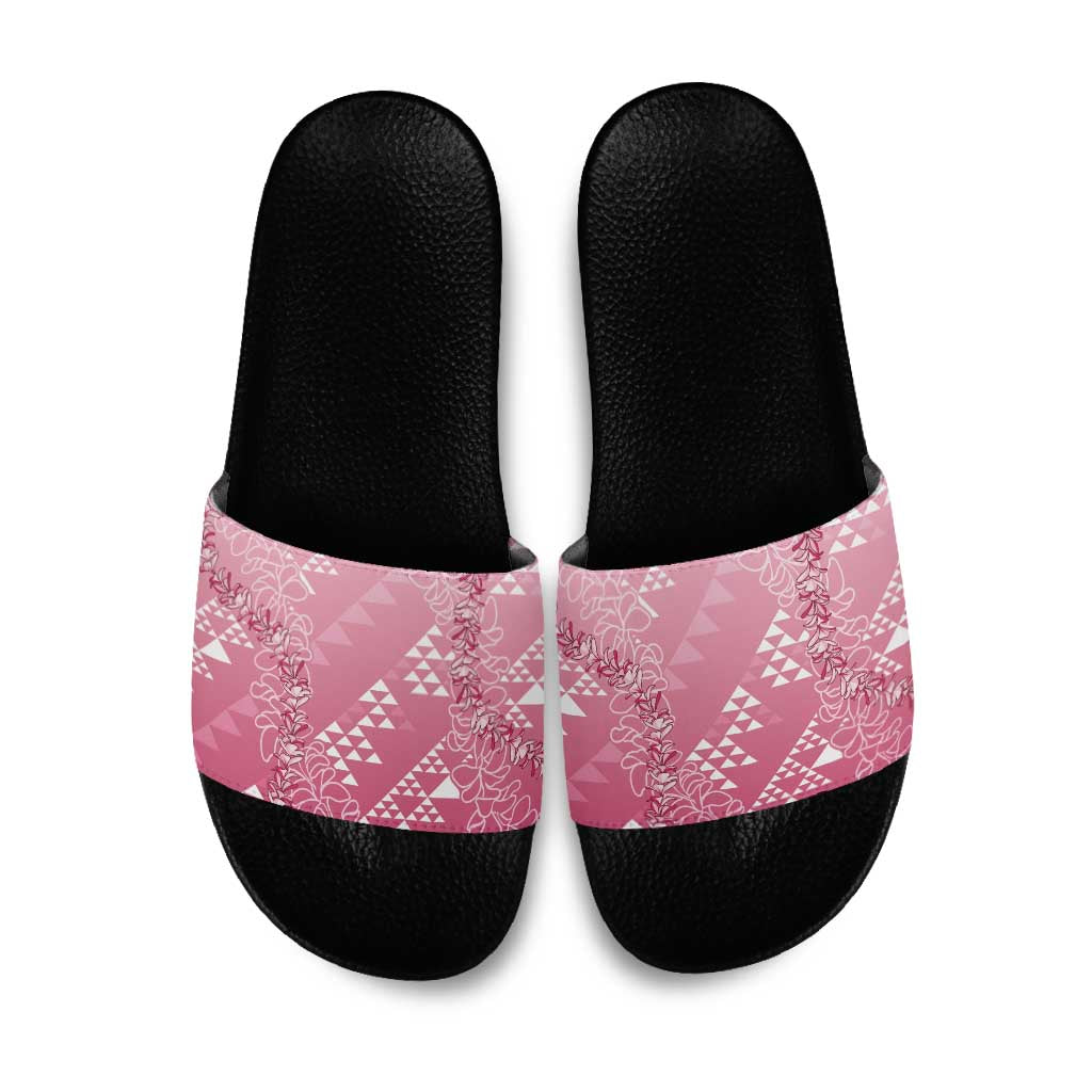 Hawaii Rose Pink Kapa Slide Sandals Vintage 'Ohe Kāpala Motifs Mix Plumeria Leis